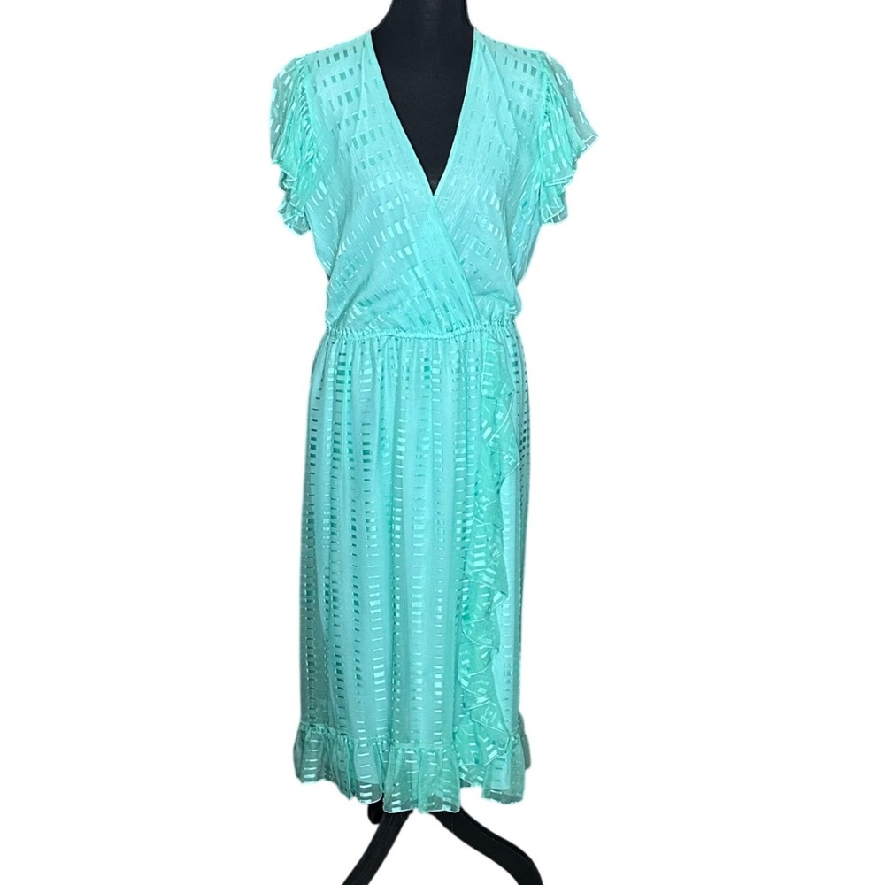 Vintage Gentillesse Aqua Mint Ruffle Wrap Midi Dress Flutter Sleeve S/M 70s/80s